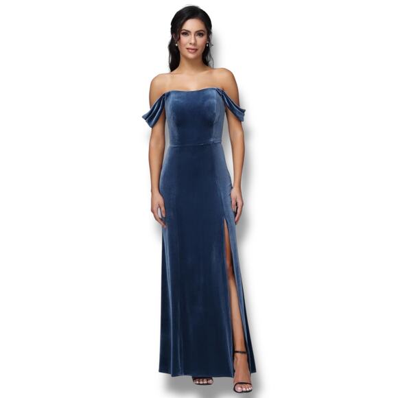 Jenny Yoo Issa Off-The-Shoulder Stretch Velvet Column Gown French Blue 18 - Picture 1 of 7